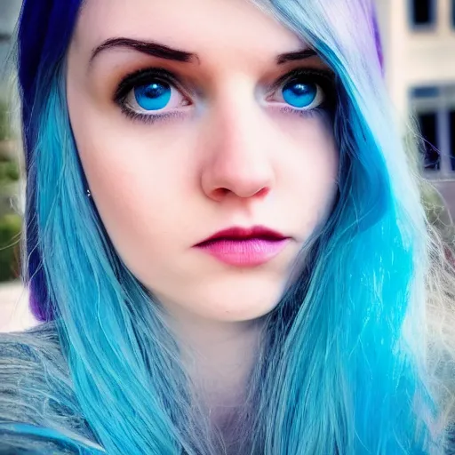 Prompt: a pale girl with piercing blue eyes and dyed blue hair, soft facial features, looking directly at the camera, neutral expression, instagram picture