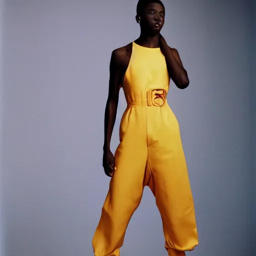 Image similar to realistic photoshooting for a new balenciaga lookbook, color film photography, portrait of a beautiful woman, woman is wearing a jumpsuit, in style of Tyler Mitchell, 35mm,