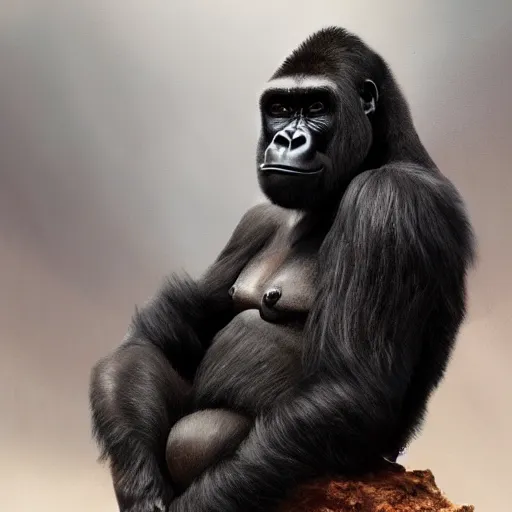 Image similar to a painting of a gorilla, greg rutkowski, cinematic lighting, hyper realistic painting