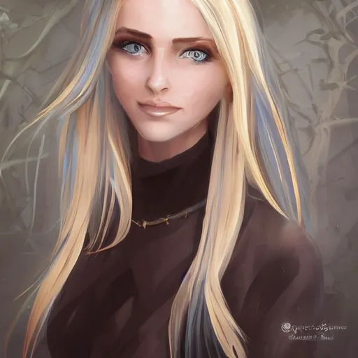 Image similar to portrait, 30 years old women :: fantasy :: blue eyes, long straight blonde hair, beeing happy, smiling :: attractive, symmetric face :: brown medieval cloting, natural materials :: high detail, digital art, RPG, concept art, illustration