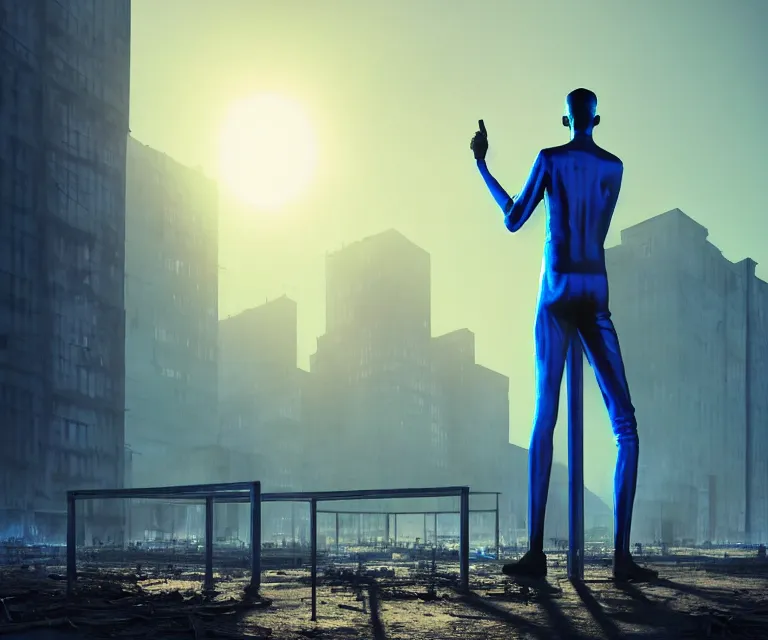 Image similar to tall man consisting of blue translucent shiny material and steel bars, standing in ruins in the sunrise. extremely high details, solo, masterpiece, photorealistic, hyperrealism, cinematic, fantasy, octane render, volumetric lighting, depth of field, bokeh, cgsociety by ed binkley, johannen voss, dragan bibin