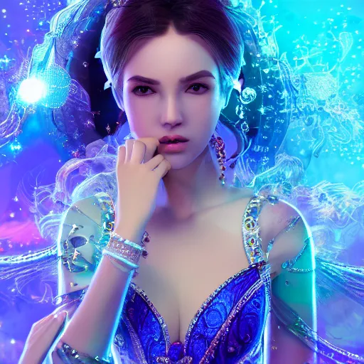 Image similar to photo of wonderful princess of sapphire with fair skin, she has her eyes closed, glowing, ornate and intricate blue jewelry, jaw dropping beauty, eyepopping colors, dynamic lighting, glowing background lighting, blue accent lighting, photorealistic, hyper detailed, award winning photography, 4 k octane render