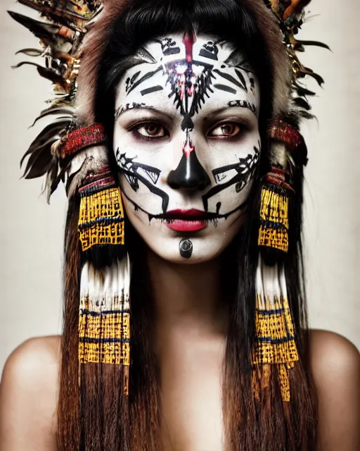 Prompt: photorealistic head and shoulders photo of beautiful female ornate fantasy indian tribal aztec warrior goddess, confident, minimal black skull warpaint, tattoos, Neil Blevins, James Paick, Natasha Tan Maciej Kuciara, Frank frazetta, arney freytag, Ritu Kumar, Sabyasachi Mukherjee, Magic the gathering,octane, bokeh, 8k, fashion pose, cinematic, 28mm