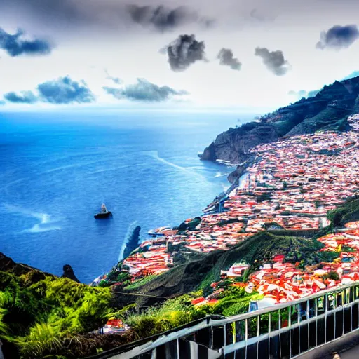 Image similar to madeira island invaded by furious king kong by the bay, cinematic shot, realistic, hdr, color, wide shot