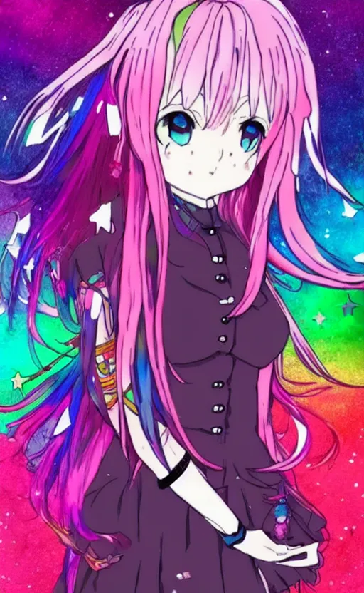 Prompt: anime grungy magical girl with rainbow hair, drunk, angry, pink hair, anime key visual, official media, anime TV series, kyoto animation studio.