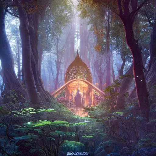 Prompt: incredible game level design, isometric view, lothlorien, trees, lights, fantasy, 8k, art by artgerm and greg rutkowski and alphonse mucha