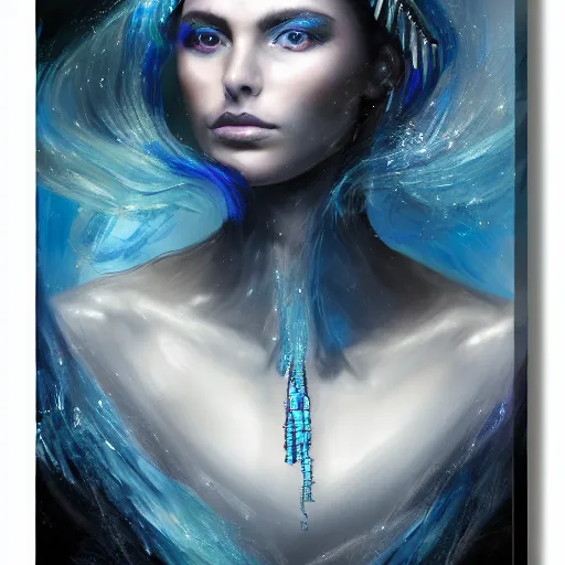 Image similar to masterpiece portrait of an aesthetic mage woman, ice spell, 3 0 years old woman, thin facial features, black dynamic hair, wearing silver diadem with blue gems inlays, silver necklace, painting by joachim bergauer and magali villeneuve, atmospheric effects, chaotic blue sparks dynamics in the background, intricate, artstation, fantasy