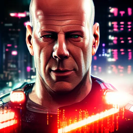 Image similar to bruce willis portrait, cyberpunk 2 0 7 7, cyberpsycho, photorealistic, ultra detailed, neon, octane, bokeh, cyber, cyberpunk city, feature, scars, cyberface, 8 k