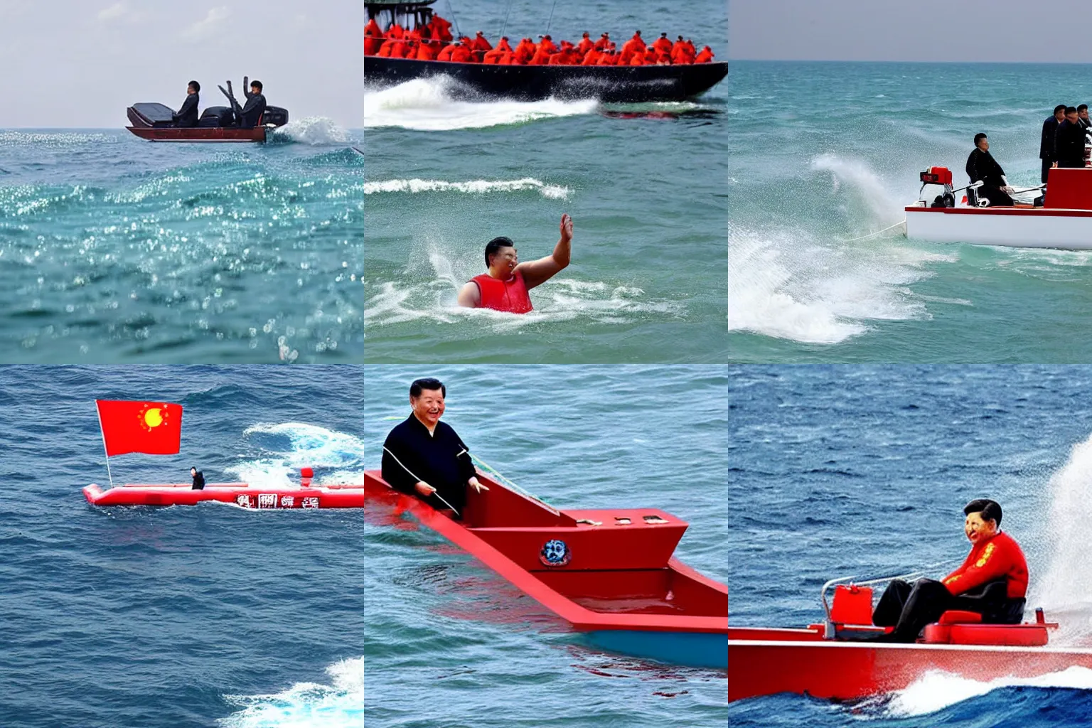 Prompt: xi jinping swimming in the ocean racing a boat