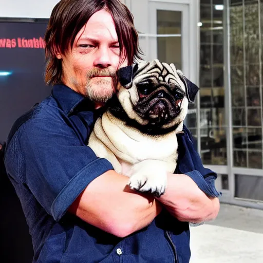 Image similar to Norman Reedus holding an obese pug, photo