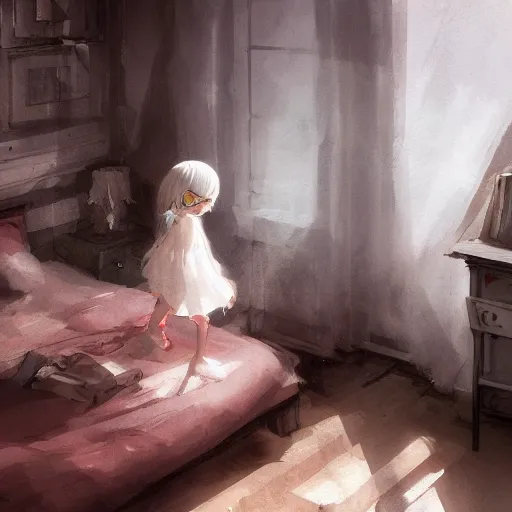 Prompt: a young girl white hair in front of a fan of her bedroom, in a heat day, by dustin nguyen, akihiko yoshida, greg tocchini, greg rutkowski, cliff chiang, 4 k resolution, trending on artstation