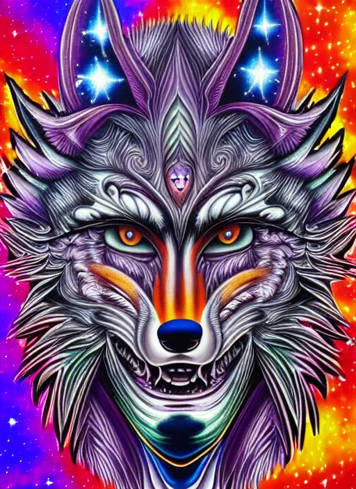 Prompt: ornate detailed, airbrushed psychedelic wolf wolfman cosmic cosmos space clown