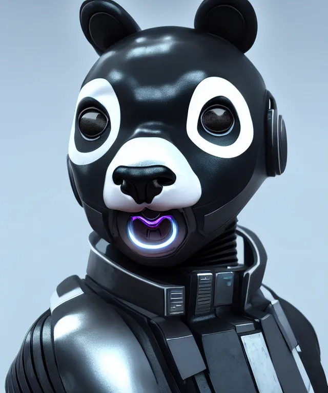 Image similar to futuristic cyberpunk android panda, duo tone, reflective skin, 8k octane very detailed render, stunning realistic render inspired by Ian Spriggs, perfect facial symmetry, dim lighting, hyper detailed, hyper realistic, trending on Artstation