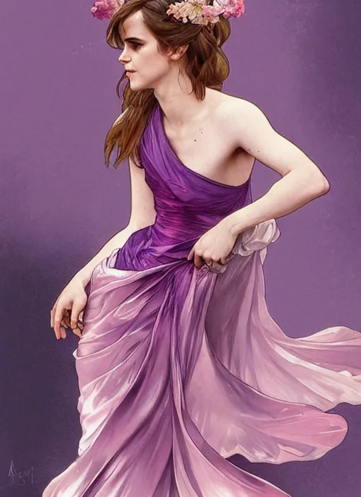 Prompt: emma watson wearing revealing pink and purple silk dress with flounces. beautiful detailed face. by artgerm and greg rutkowski and alphonse mucha