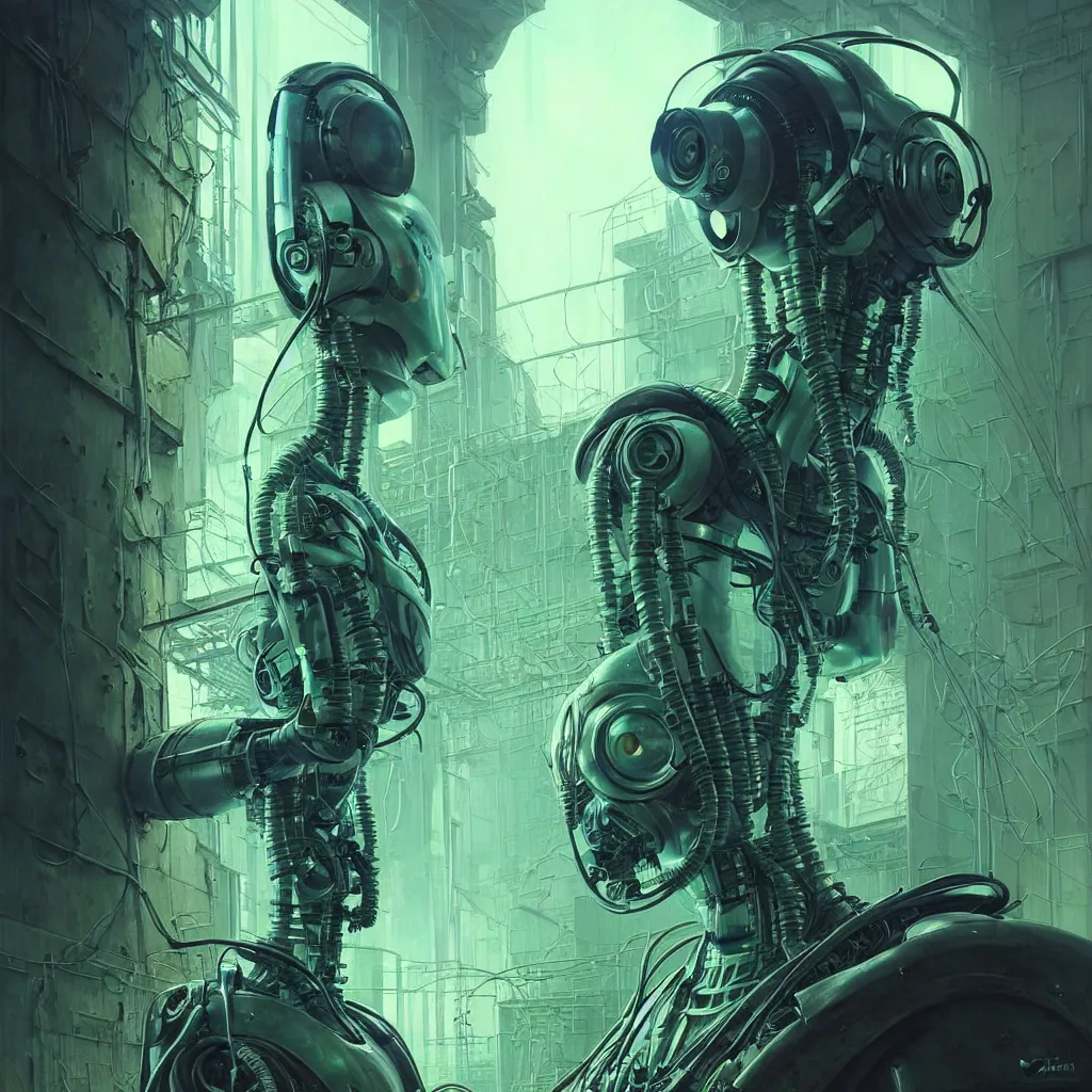 Image similar to low angle shot of a cyberpunk robot character wearing a gazmask in chernobyl, green eyes, intricate, elegant, highly detailed, centered, digital painting, artstation, concept art, smooth, sharp focus, illustration, artgerm, Tomasz Alen Kopera, Peter Mohrbacher, donato giancola, Joseph Christian Leyendecker, WLOP, Boris Vallejo