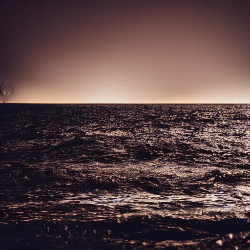 Image similar to high quality photo of sea monster scary foggy night at sea , photography 4k, f1.8 anamorphic, bokeh, 4k, Canon,