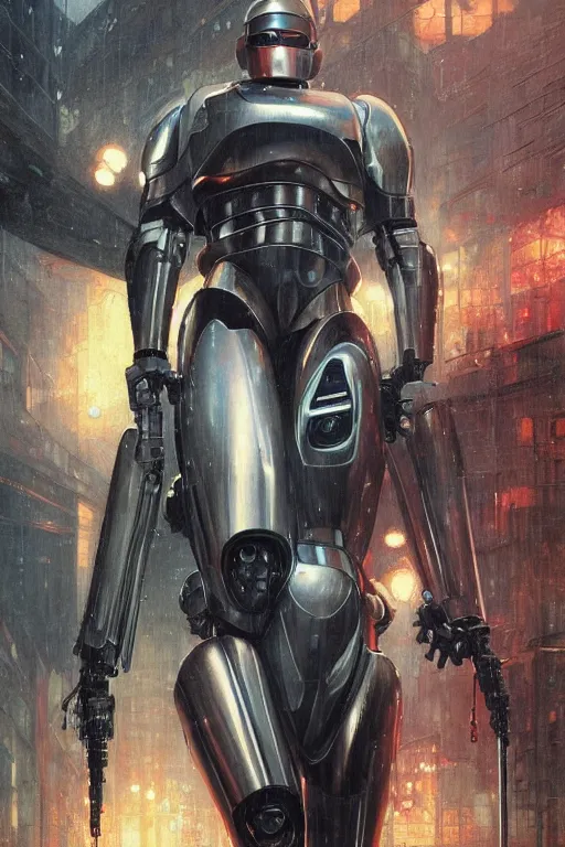 Image similar to Robocop portrait, rainy Detroit by Stanley Artgerm Lau, greg rutkowski, thomas kindkade, alphonse mucha, loish, norman Rockwell