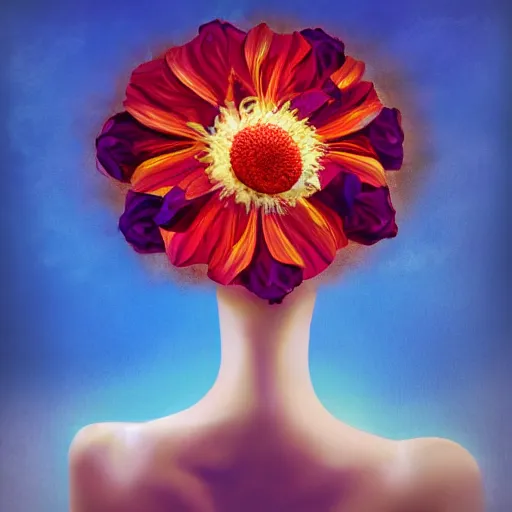 Image similar to huge flower as head, woman standing in a luxury apartment, surreal photography, dramatic light, impressionist painting, digital painting, artstation, georgia o'keeffe