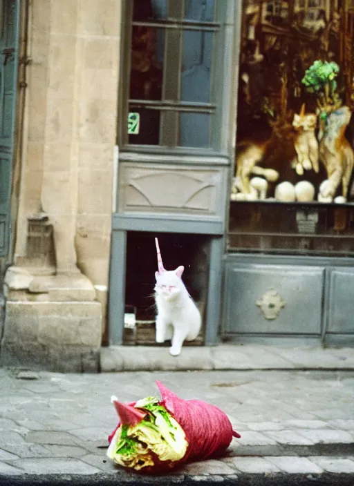 Image similar to a unicorn in paris, a cat and a piece of cabbage are bursting out of its horn, lsd, canon 5 d 5 0 mm lens kodachrome