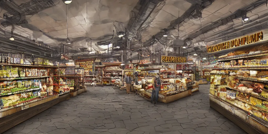 Prompt: deep 3 point perspective, seafood supermarket Inside the three-story gothic museum, dramatic lighting, photorealistic, wolumetric lighting, high detail, cinematic feel, wideshot, high octane, 4K, Unreal Engine, digital render, intricate, ultra realistic