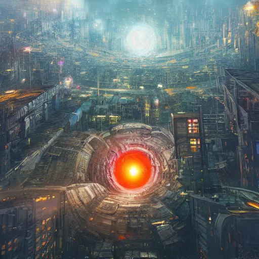 Image similar to wide shot of black hole within a city, esao andrews, m. w. kaluta, john berkey, hyperrealistic, big depth of field, warm colors, night scenery, low light, 3 d octane render, 4 k, conceptart, hyperdetailed, hyperrealistic, trending on artstation