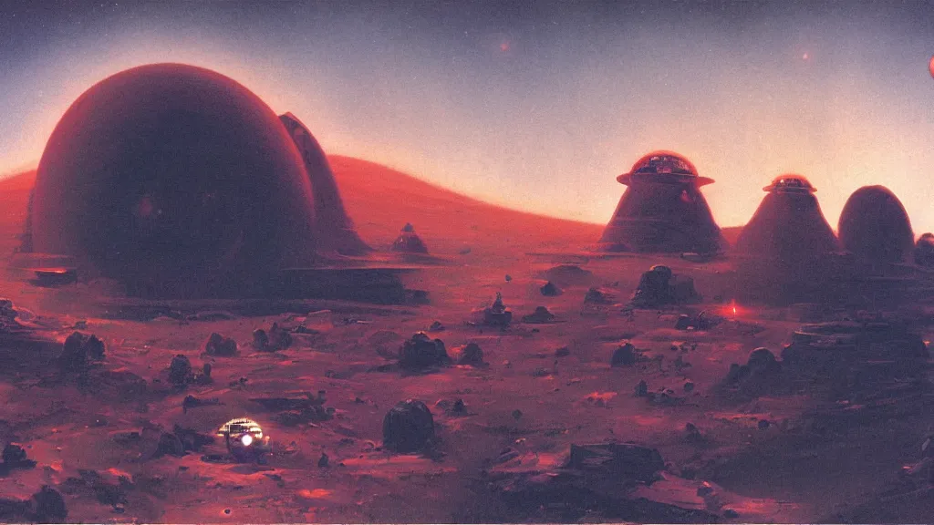 Image similar to mars colony by paul lehr and john schoenherr, cinematic matte painting