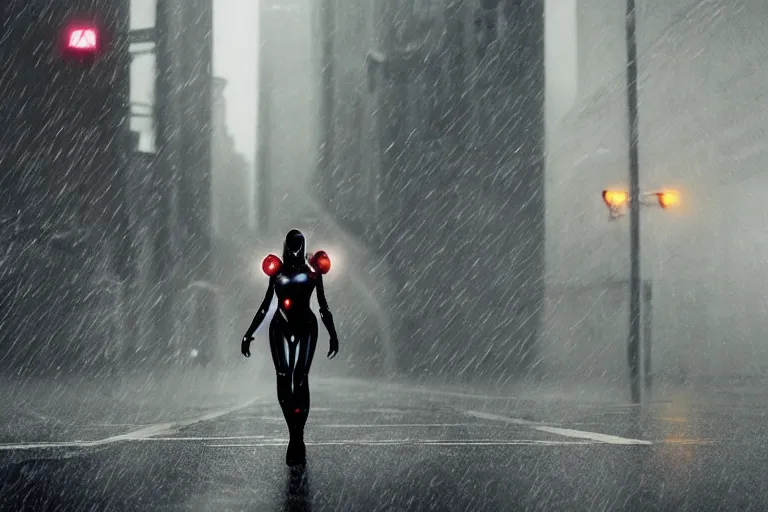 Image similar to vfx marvel sci-fi woman black super hero robot photo real full body action pose, city street cinematic lighting, rain and fog by Emmanuel Lubezki