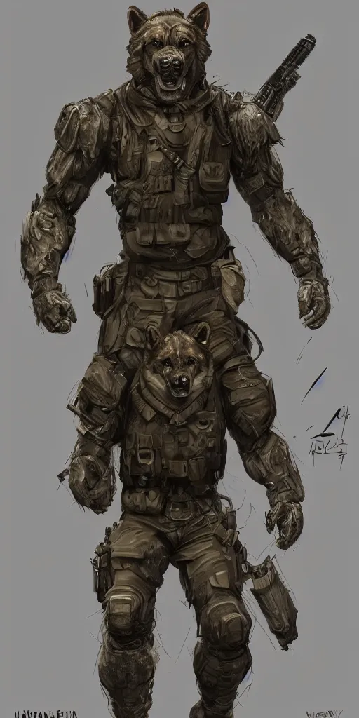 Image similar to full body of a humanoid german shepherd beast - man in military style, highly detailed portrait, digital painting, artstation, concept art, smooth, sharp foccus ilustration, artstation