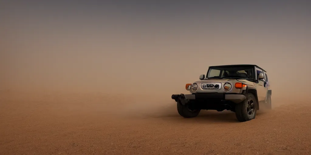 Prompt: Toyota FJ cruiser, sitting in a dust storm in the desert, photography