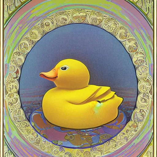 Image similar to a matte portrait of a highly decorated rubber duck with a dreamy expression, highly detailed, illustration by alphonse mucha