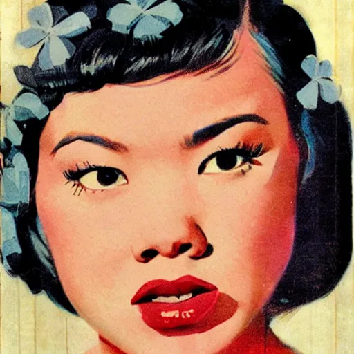 Image similar to Kelly Marie Tran portrait, color vintage magazine illustration 1950