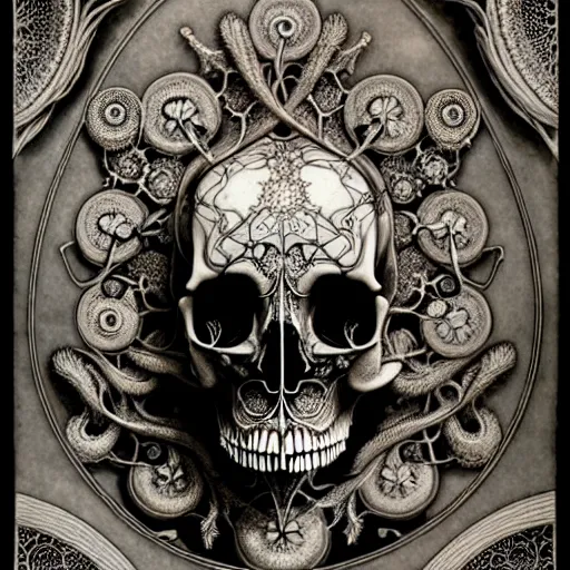 Image similar to art forms of nature by ernst haeckel, memento mori by arthur rackham, ornate antique porcelain beautiful skull mask, ultrasharp, photorealistic, hyperdetailed, octane render, polished, art nouveau, neo - gothic, gothic, intricate ornamental organic filigree, art nouveau botanicals, art forms of nature by ernst haeckel, horizontal symmetry, symbolist, visionary