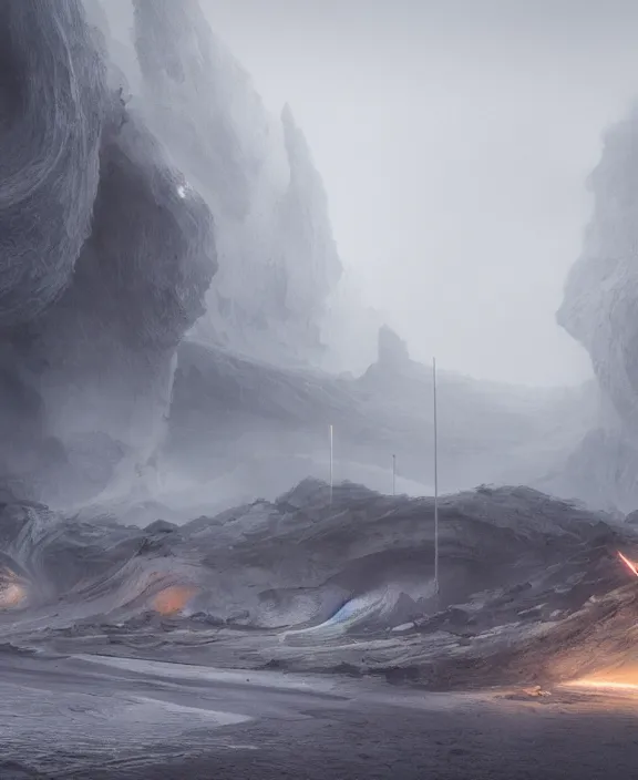 Prompt: surreal epic, masterpiece, romantic prometheus white exploration base, ancient ochre palette, impossible architecture by ruan jia, mecha floor, futuristic, blame, white architecture in the beach in iceland, foggy, highly detailed, digital painting, arstation, concept art, hyperealistic octane render, unreal engine