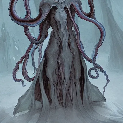 Prompt: concept designs for an end game boss that is an ethereal ghostly wraith like figure with a squid like parasite latched onto its head and long tentacle arms that flow lazily but gracefully at its sides like a cloak while it floats around a frozen rocky tundra in the snow searching for lost souls and that hides amongst the shadows in the trees, this character has hydrokinesis and electrokinesis for the resident evil village video game franchise with inspiration from the franchise Bloodborne