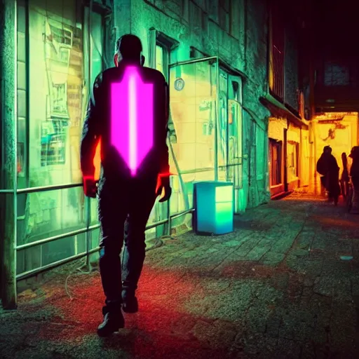 Image similar to a photo of a cyberpunk man walking in a medival village, the photo was taken from the ground looking up at the man's back, the city does not have any glowing lights, it is night time, the man has glowing neon pink and blue lights on his back, ultra high detail.