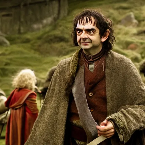 Image similar to Mr Bean as one of the members of the fellowship of the ring with hobbits, elves, and humans in armor, movie still, 4k