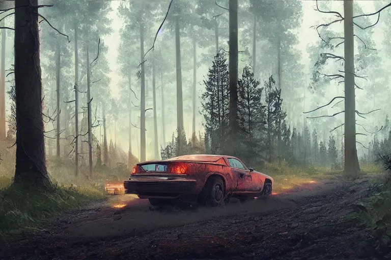 Image similar to burning car driving through a beautiful swedish forest, highly detailed, hyperrealistic, very sharp focus, intricate, soft lighting, dramatic, digital painting by simon stålenhag