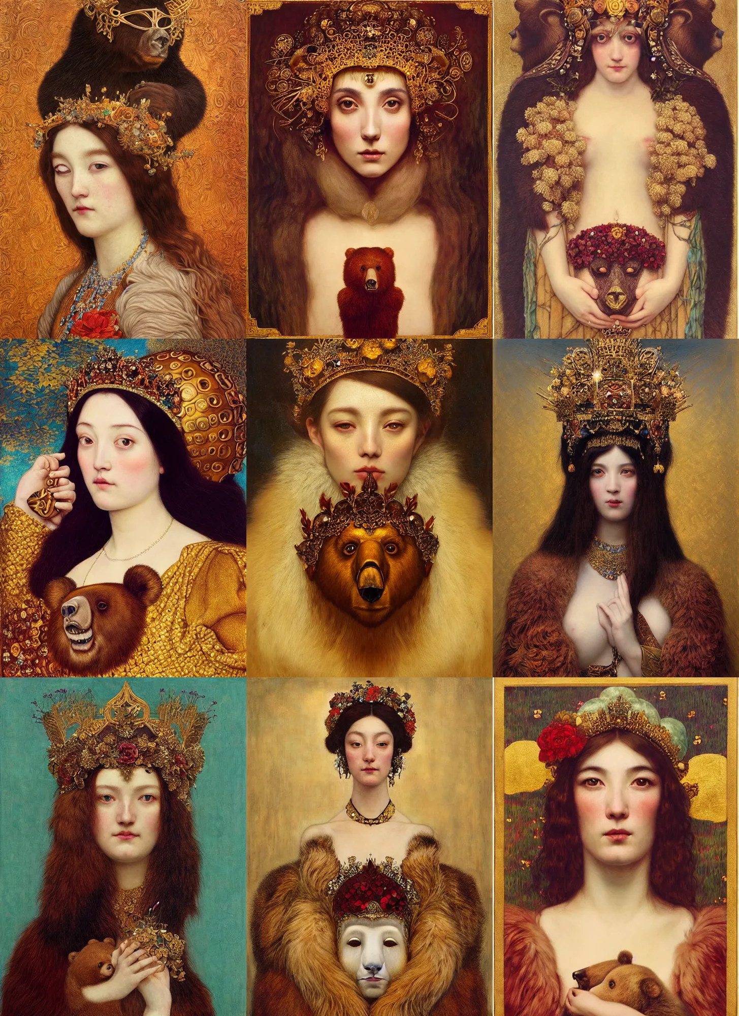 Prompt: “ a majestic portrait of an woman with a bear mask, wearing a crystal crown, titian, tom bagshaw, yanjun chengt, maxfield parrish, gustav klimt, highly detailed, intricate ornamental flourishes, brown red and gold ”