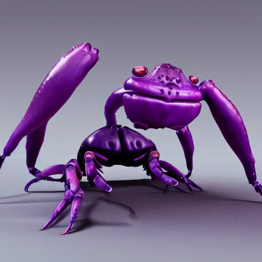 Image similar to full body purple alien crab creature with a lot of legs and many eyes and long nose detailed photo realistic cute 3d render