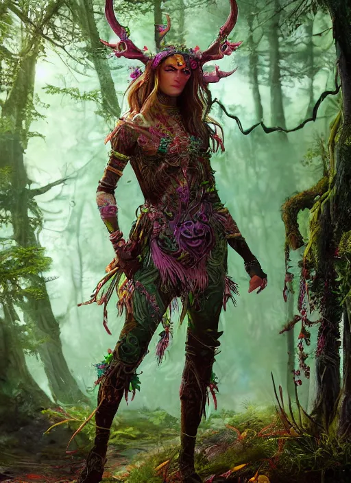 Image similar to detailed full body concept colorful fantasy painting of a forest huntress in intricate clothing, cinematic lighting, hyperdetailed, 8k, high resolution, insanely detailed and intricate, octane render