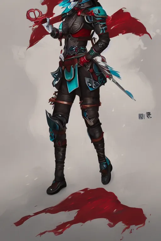 Image similar to female adventurer in tight full - body teal leather armor of japanese design with red accents and a white porcelain crow mask, trending in artstation, japanese, artstation, establishing shot