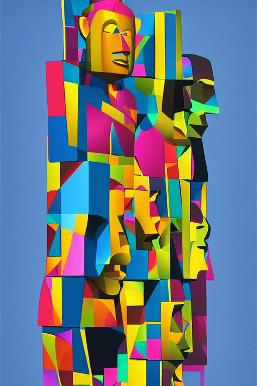 Image similar to cubist moai statue cutout digital illustration cartoon colorful beeple