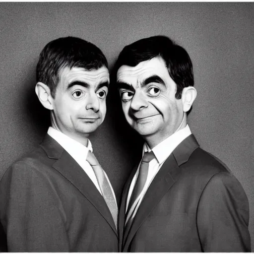 Image similar to A portrait mr bean teams up with a teenage rowan atkinson, perfect faces, 50 mm, award winning photography