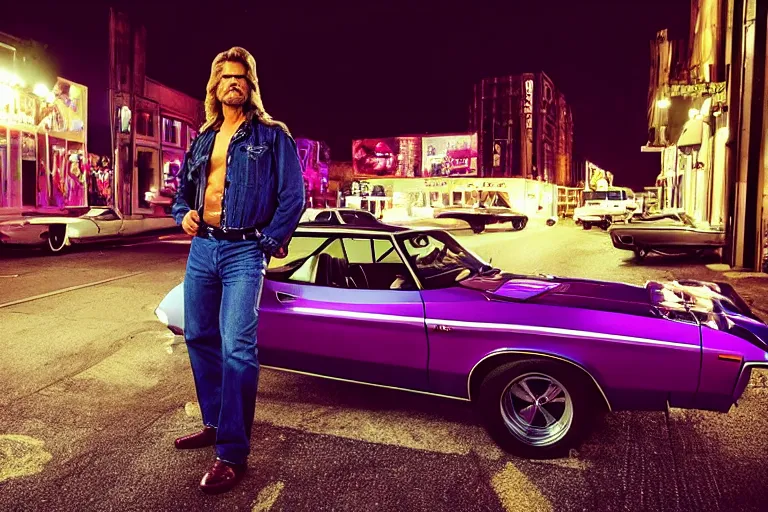 Prompt: 70s dressed Kurt Russel posing and in the background there two 70’s muscle cars parked on a deserted city street at night time, purple lighted street, wide angle, cinematic, retro-wave vibes, grainy, soft motion blur