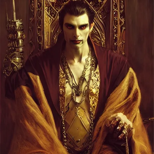 Image similar to perfectly centered portrait of attractive vampire king in a robe sitting on a throne of bones, highly detailed painting by gaston bussiere, craig mullins, j. c. leyendecker, 8 k