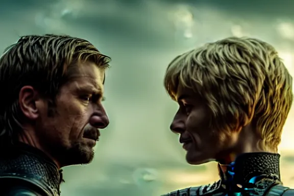 Image similar to very very intricate photorealistic photo of jaime lannister fighting cersei, photo is in focus with detailed atmospheric lighting, award - winning details