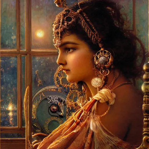 Prompt: detailed potrait of hindu traditional woman with high - tech steam punk clock in face, girl graceful,, painting by gaston bussiere, craig mullins, j. c. leyendecker, lights, art by ernst haeckel, john william godward, hammershøi,,