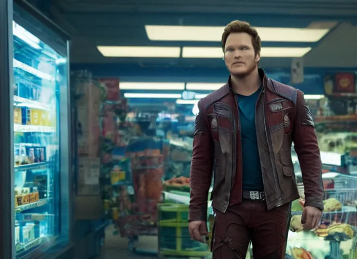 Image similar to film still of Star-Lord played by Chris Pratt shopping in a supermarket in the new Guardians of the Galaxy movie, 4k