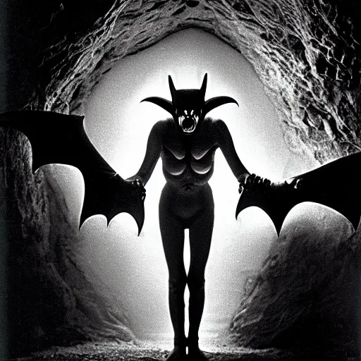 Image similar to a close - up, ultra detailed black & white studio photographic portrait of a loud screeching giant, bat - like creature flying towards you, you are exploring an alien planet and come across a strange, dark cave, dramatic backlighting, 1 9 7 3 photo from life magazine, by keith thompson, h. r. giger,