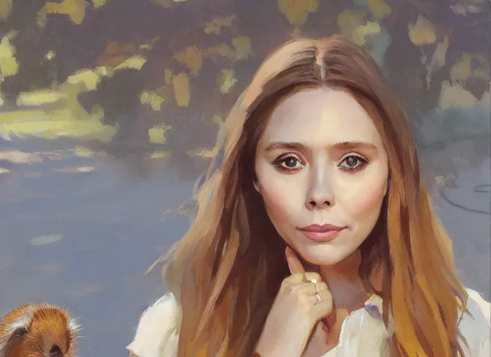 Image similar to a highly detailed beautiful portrait of elizabeth olsen with a capybara, by gregory manchess, james gurney, james jean